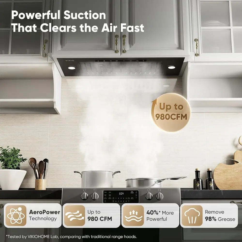 ビルトイン/インサートレンジフード 980 CFM、ダクト式/ダクトレス変換可能、ステンレス製キッチン換気フード、4段階風量調節、ジェスチャーセンサー付き