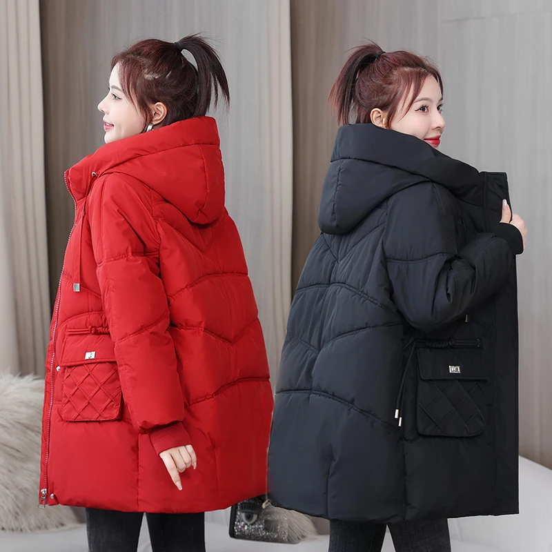 

Thiened down Cotton Jaet Women's Mid-Length Padded Coat Korean Sle Loose Fit Winter Clothes Small Size Friendly
