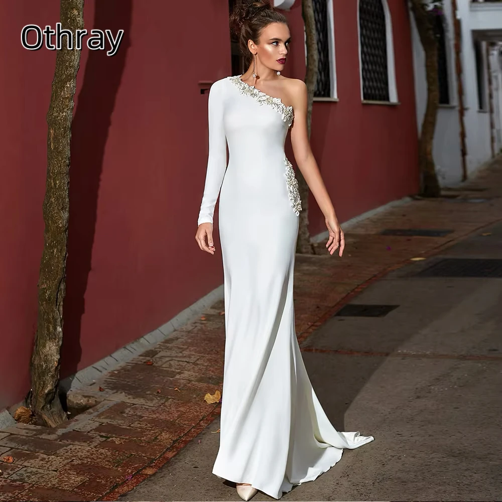 Othray Satin One Shoulder Appliques Long Sleeves Mermaid Wedding Dress Sweep Train Vestido De Robe De Mariage