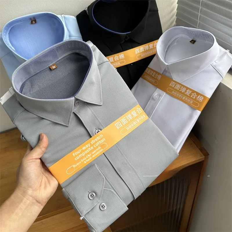 

Men's Faionable Casual Fce-Lined Long Sve irt Windproof Warm Cosite Inteated Velvet Stand Fit Winter irt