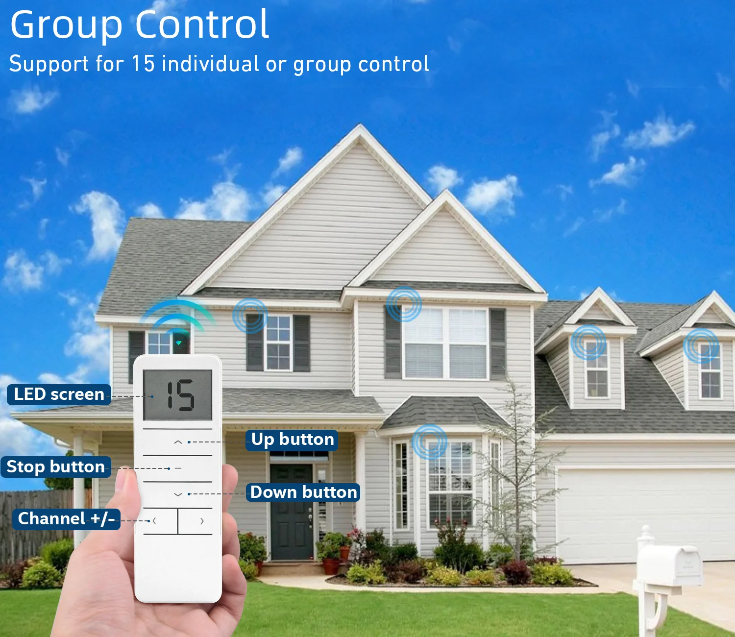 15 Channel Handheld Remote RF 433.92 Controller， FDC2702 Electronic Window Curtains Motor Roller Blind Wall Control Emitter