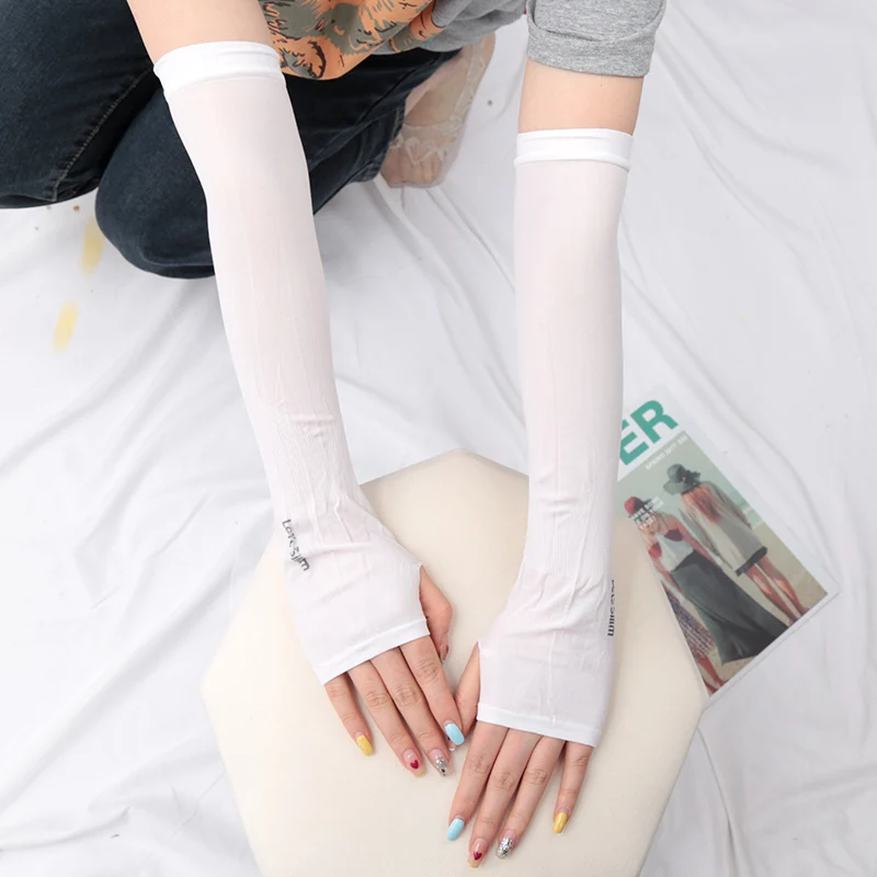 Y2k Goth Lolita Anime Thin Solid Gloves JK Kawaii Girl Mitten Ice Silk Long OverSleeve Man Women Sun Block Cuff Fingerless Glove