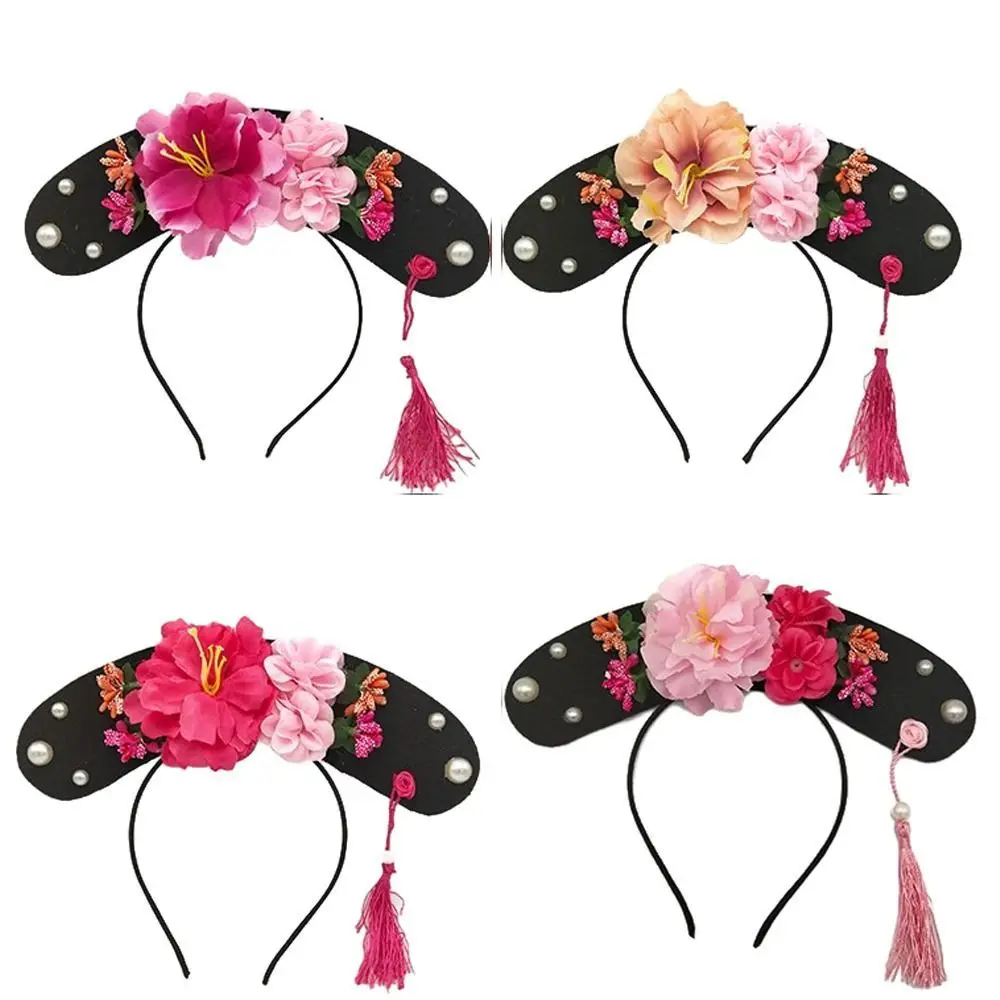 Pérola frisada hanfu flor bandana tribunal real cocar borla estilo chinês argola de cabelo acessórios para o cabelo estilo étnico