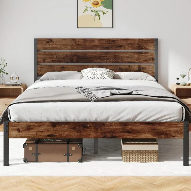 Queen size bed frame with headboard and footboard with underbed storage, full metal support system