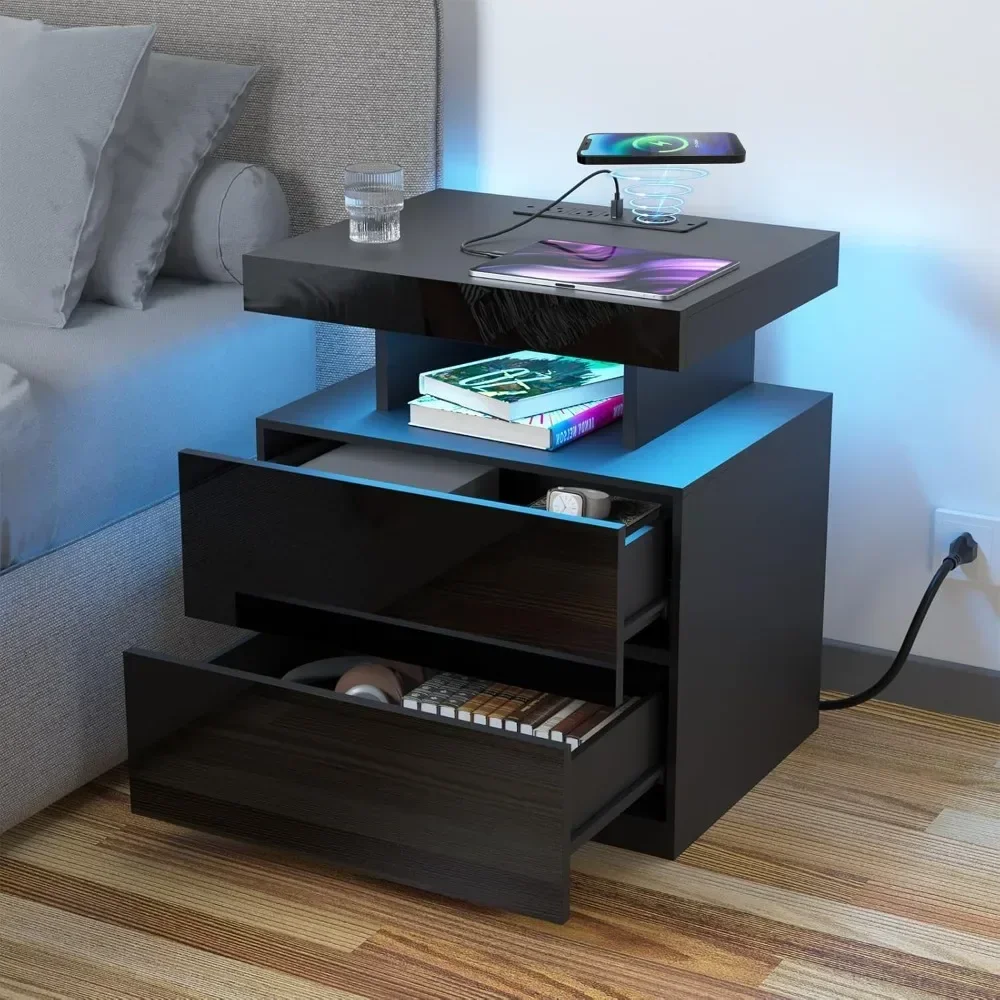 LED Nightstand with Charging Station, Bed Side Table with 2 Drawers & Wireless Charging Station, Smart LED Nightstand