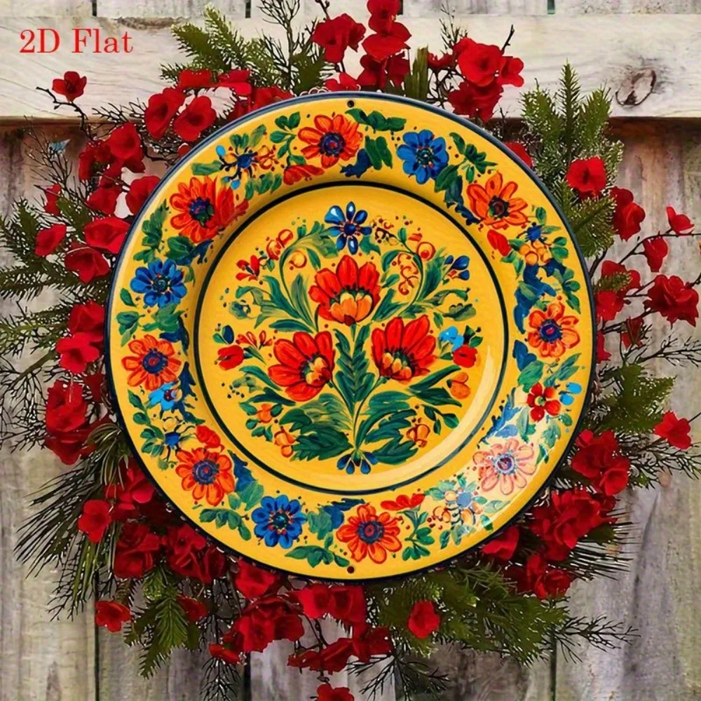 Vintage Flat Yellow Floral Round Aluminum Wall Art 8x8in Waterproof Durable For Living Room Cafe Home Decor