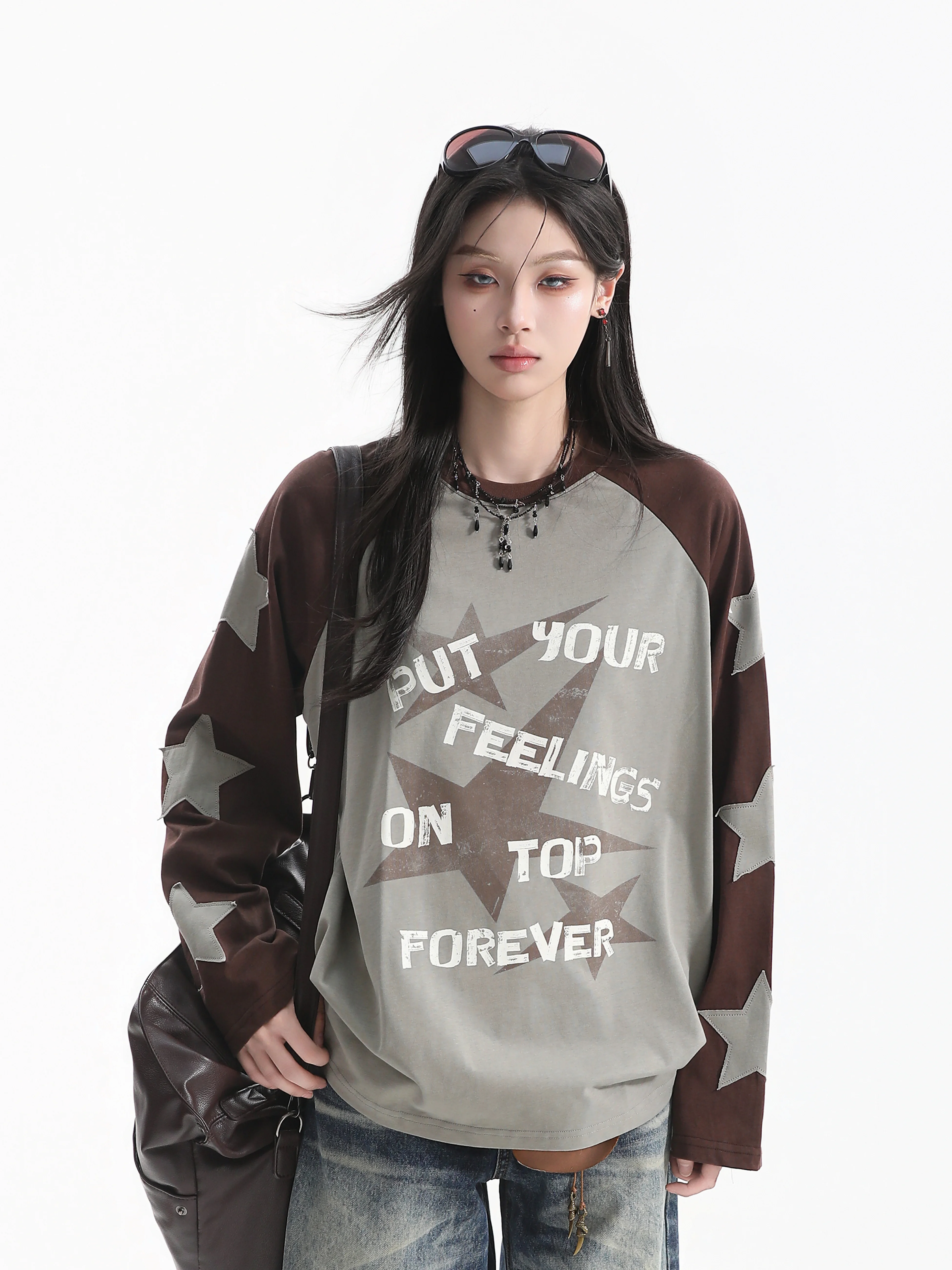 Casual Style Graffiti Star under Shirt Long Sleeve Loose Fit Cotton T-Shirt for Couples Lazy Style Shoulder Length Autumn Wear