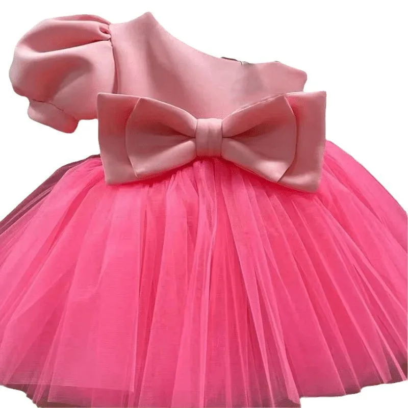 Personalizado 2024 chique um ombro princesas vestido doce popular rosa em cascata malha vestido de baile nicho emendado constrast cor d