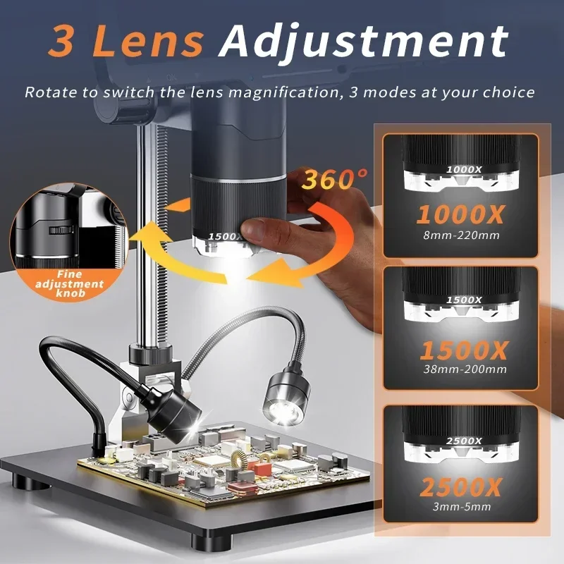 

2026 New 3 Lens Real Photo 10.1" 1080P IPS Monitor 24 MP 1000X 1500X 2500X Zoom Digital Microscope For Mobile Repair PCB Solderi