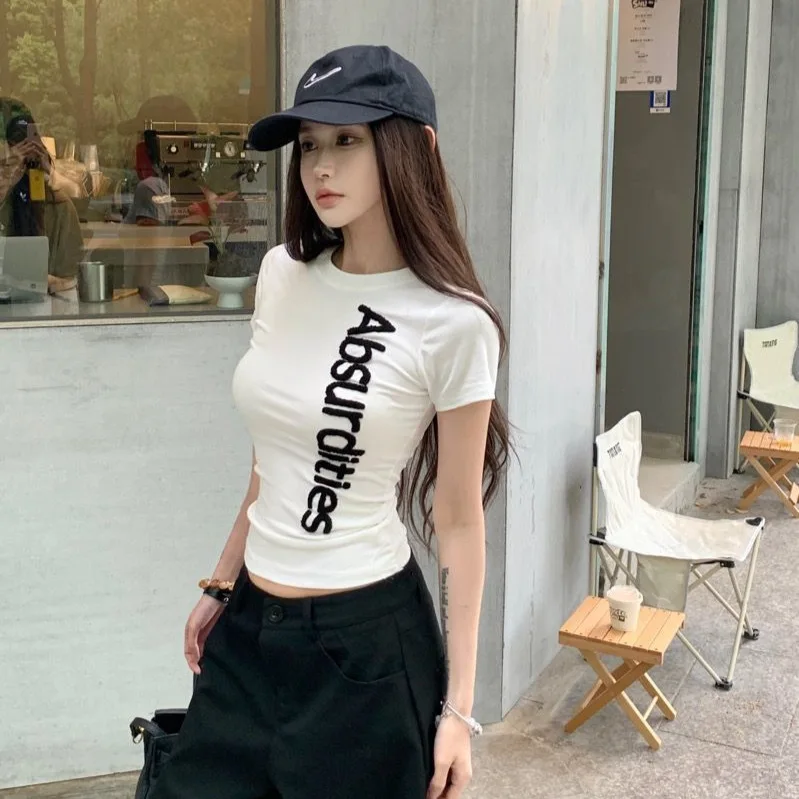Spring and Summer Women's Letter Towel Embroidered American Design Sense Niche Fitted Round Neck Fitted Short Sleeve Top
