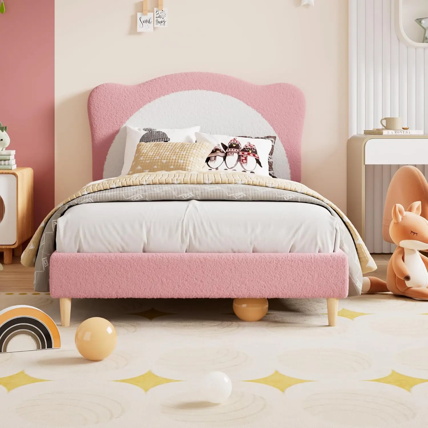 Kids Upholstered Platform Bed Frame - Velvet Princess Bed with Cute Panda Headboard, Wood Slat Support, No Box Spring Needed, Noise-Free Sturdy Base - Twin/Full, Pink/White or Gray/White
