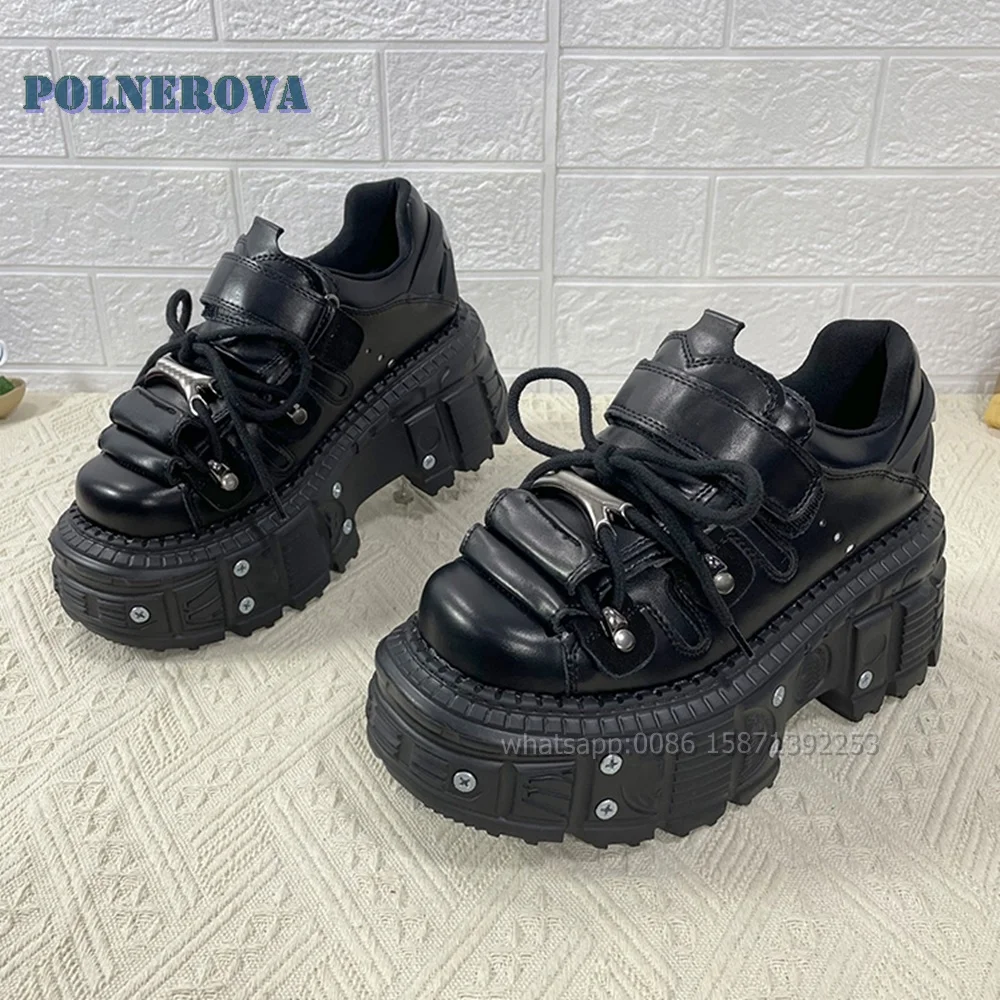 

Metal Decoration Platform Black Pumps Round Toe Tank Soled Hook and Loop Patchwork Pantshoes Rivet Punk Spicy Girl Shoes 2024