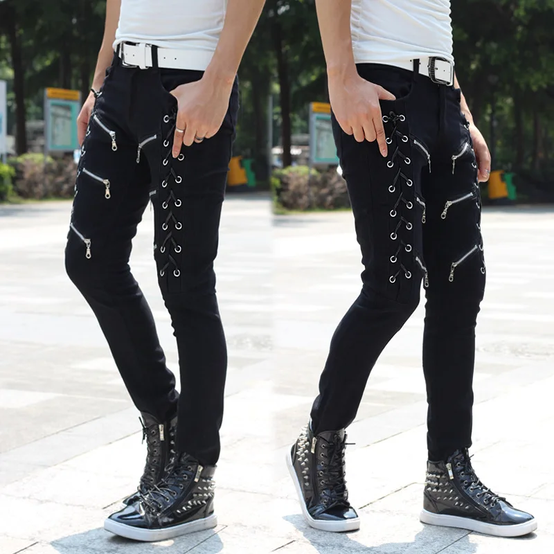 Men black punk hip hop jeans with multi zippers mens skinny jeans slim fit denim pants biker trousers Present Belts