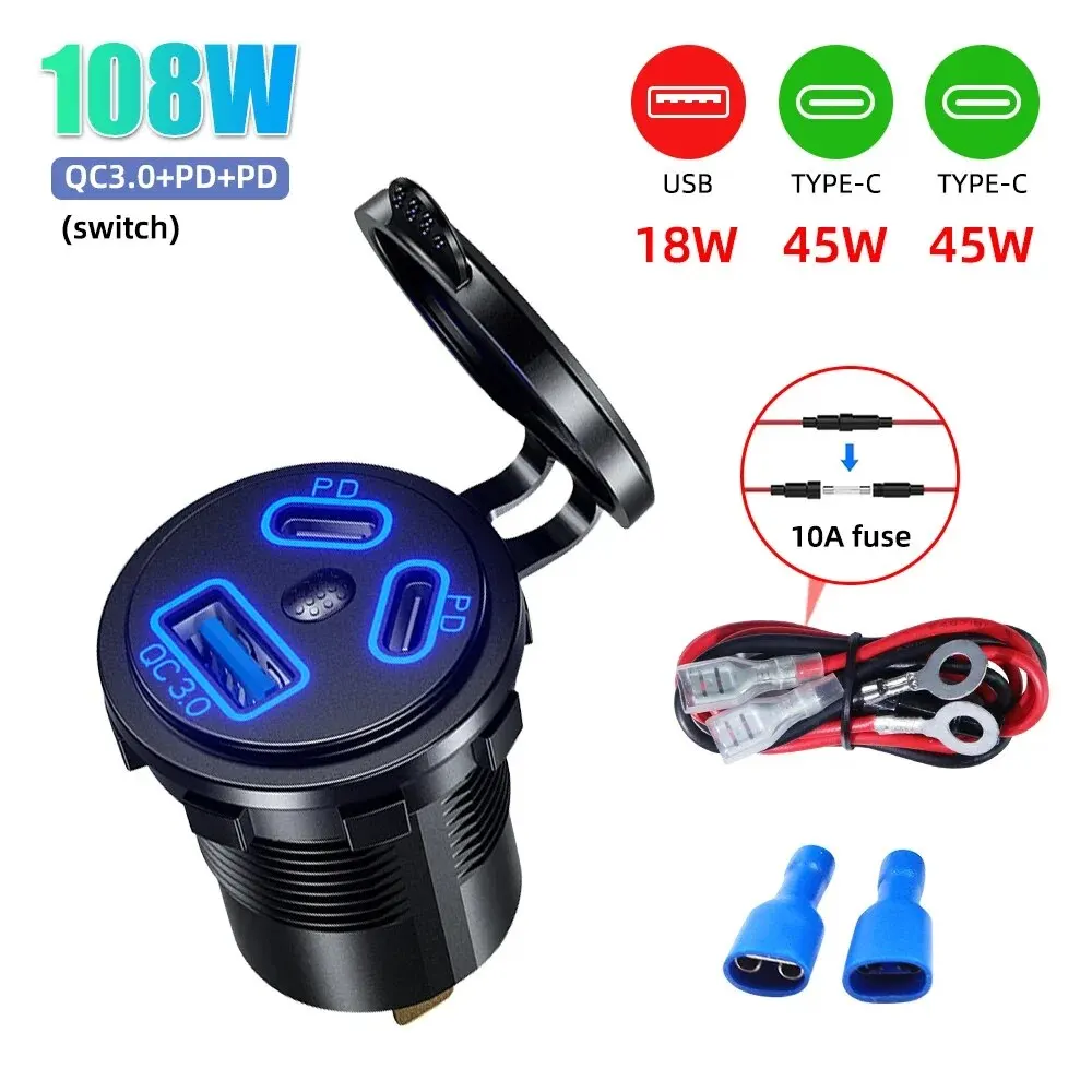 12V/24V USB Outlet 108W 3 Port Dual PD 45W USB C Car Charger Socket and Quick Charge 3.0 USB Charger with Voltmeter Power Switch