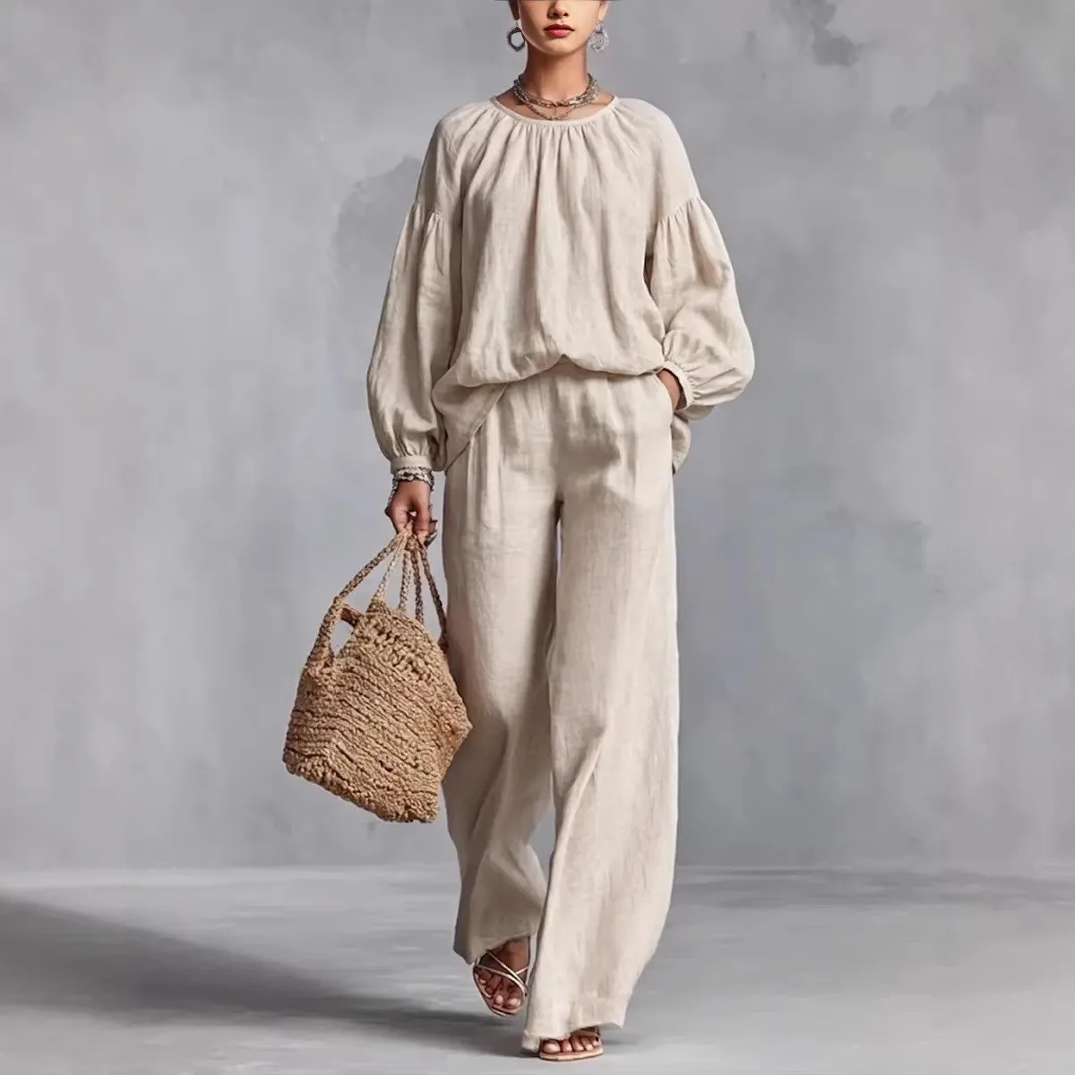 2026 Fall European and American new casual, high-end, stand-up collar outfit set: loose blouse, wide-leg pants for women.