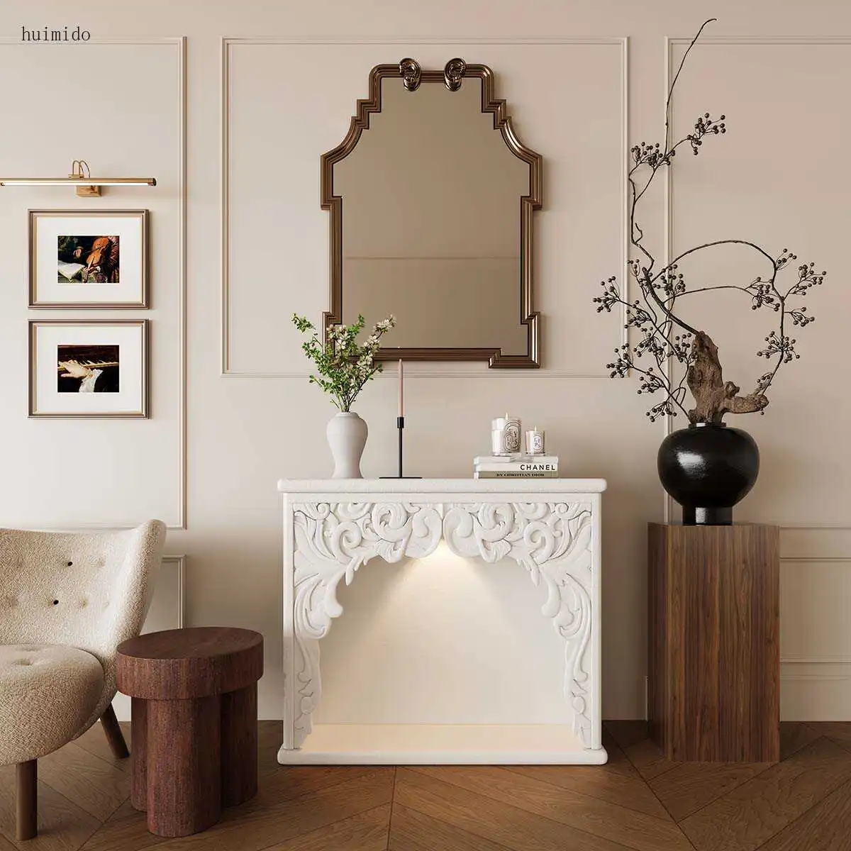 French Cream Wind Fireplace Cabinet Living Room Carved Decorative Cabinet Luminous Object Shooting Entrance Cabinet ins Homestay
