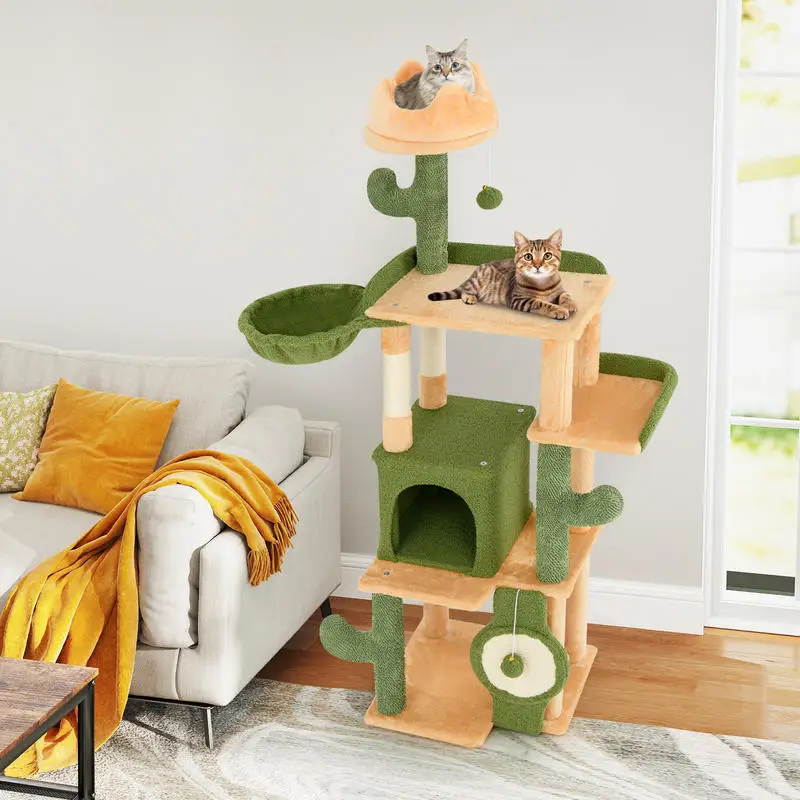 63 Inch Cactus Cat Tree With Sisal Scratching Posts And Perch, Multi-Level Activity Furniture For Indoor Cats