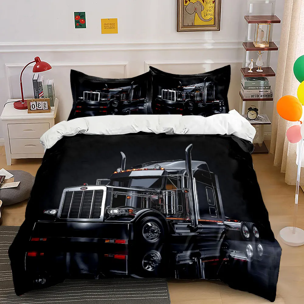 

Shiny black heavy-duty truck Pattern Duvet Cover Set Digital Print Colorful Polyester Bedding with Zipper Closur for kids gifts