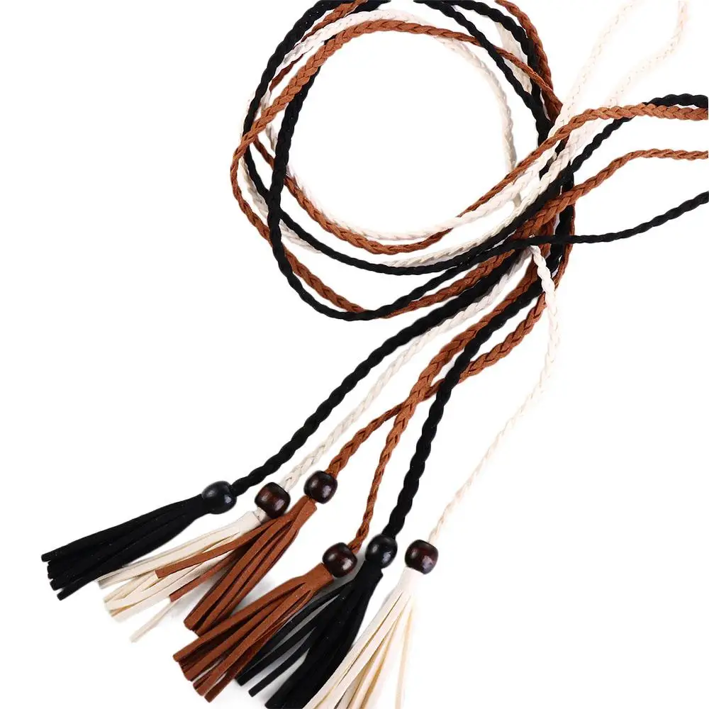 

Retro Vintage Wooden Bead DIY All-match Thin Belts Braided Tassel Belt Waist Rope Women Waist Chain Ethnic Style Belts