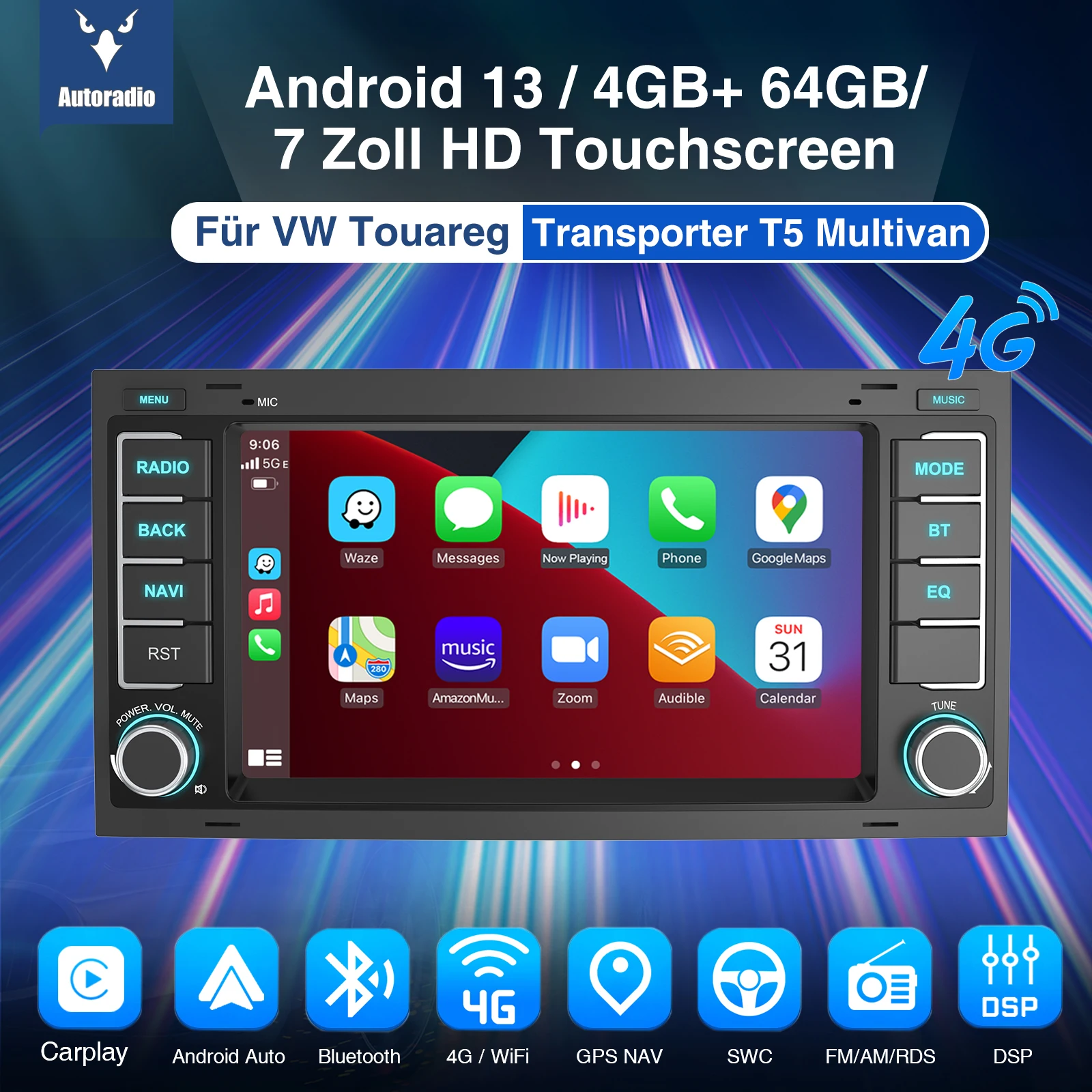 Essgoo android 13 autoradio multimedia video player 4g 64g für vw volkswagen touareg drahtloses