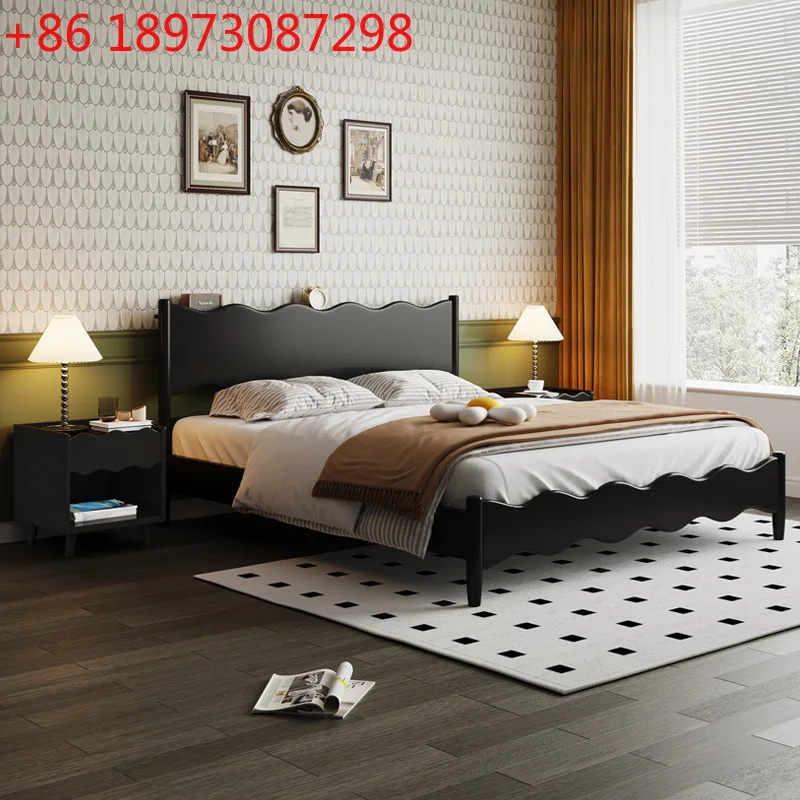 

Nordic all solid wood black modern simple wave bed retro furniture