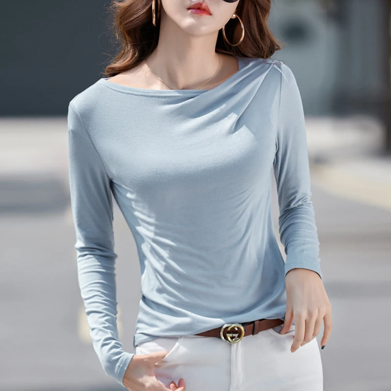 

HI-FASHION Autunm Pleated Collar Knitted Casual Modal Cotton Tops Shirt Elegant Temperament Office Ladies Slim Basic Blouse