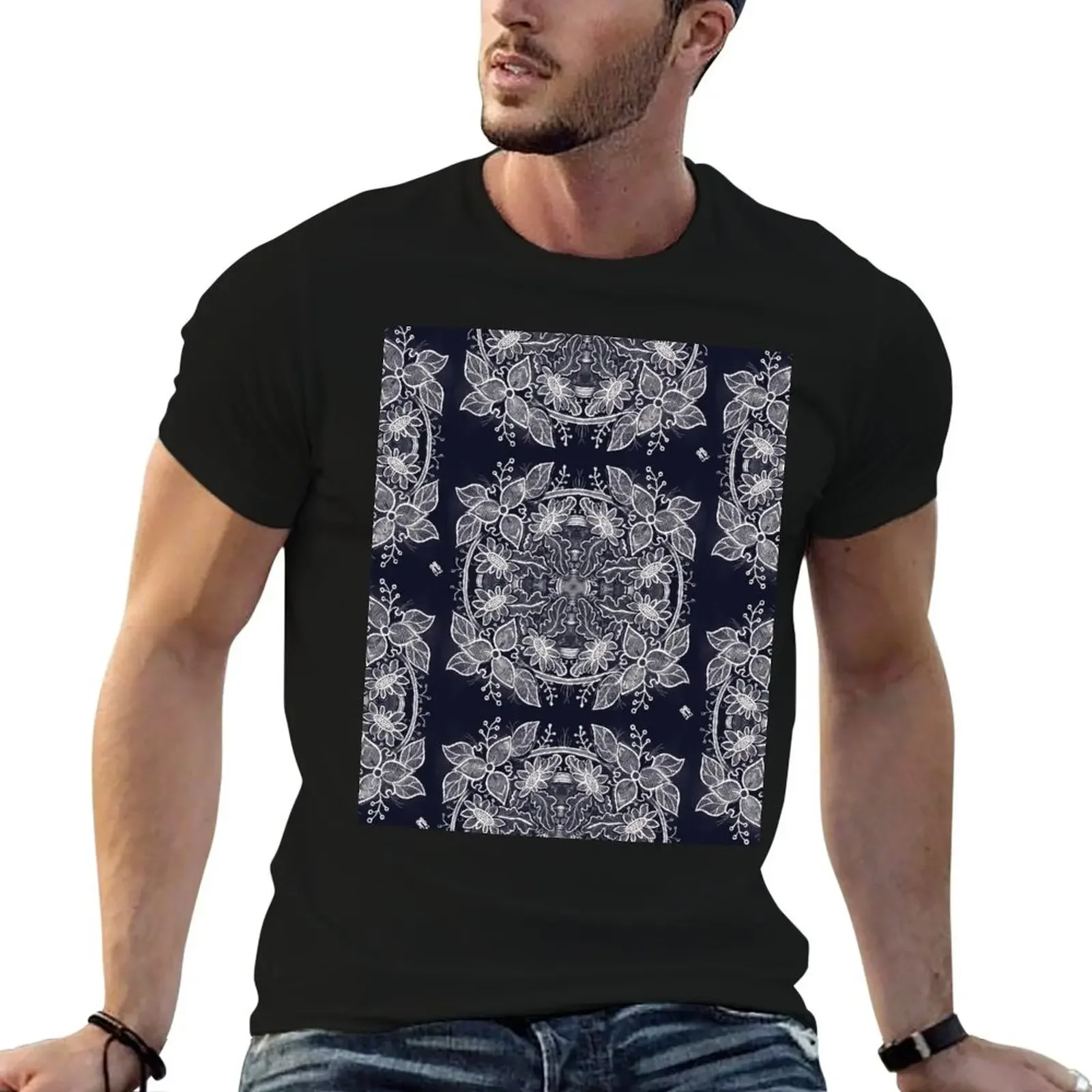 Folk art chalk flower T-Shirt vintage man t shirt sports fans graphic t shirt vintage mens clothing