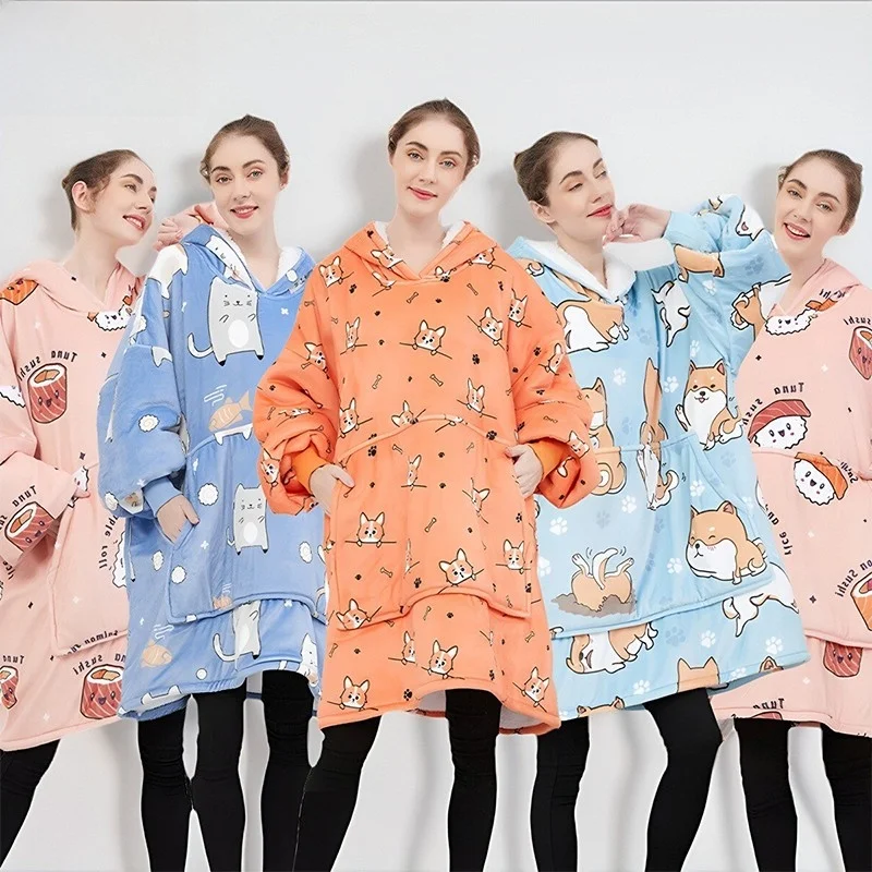 เสื้อฮู้ดผ้าห่มผู้หญิงแบบสองชั้นขนาดใหญ่พิเศษ ผ้าฟลีซหนานุ่ม แฟชั่นฤดูหนาว สวมใส่สบาย ทรงลำลอง ผลิตจากเส้นใยอะซิเตท 100%