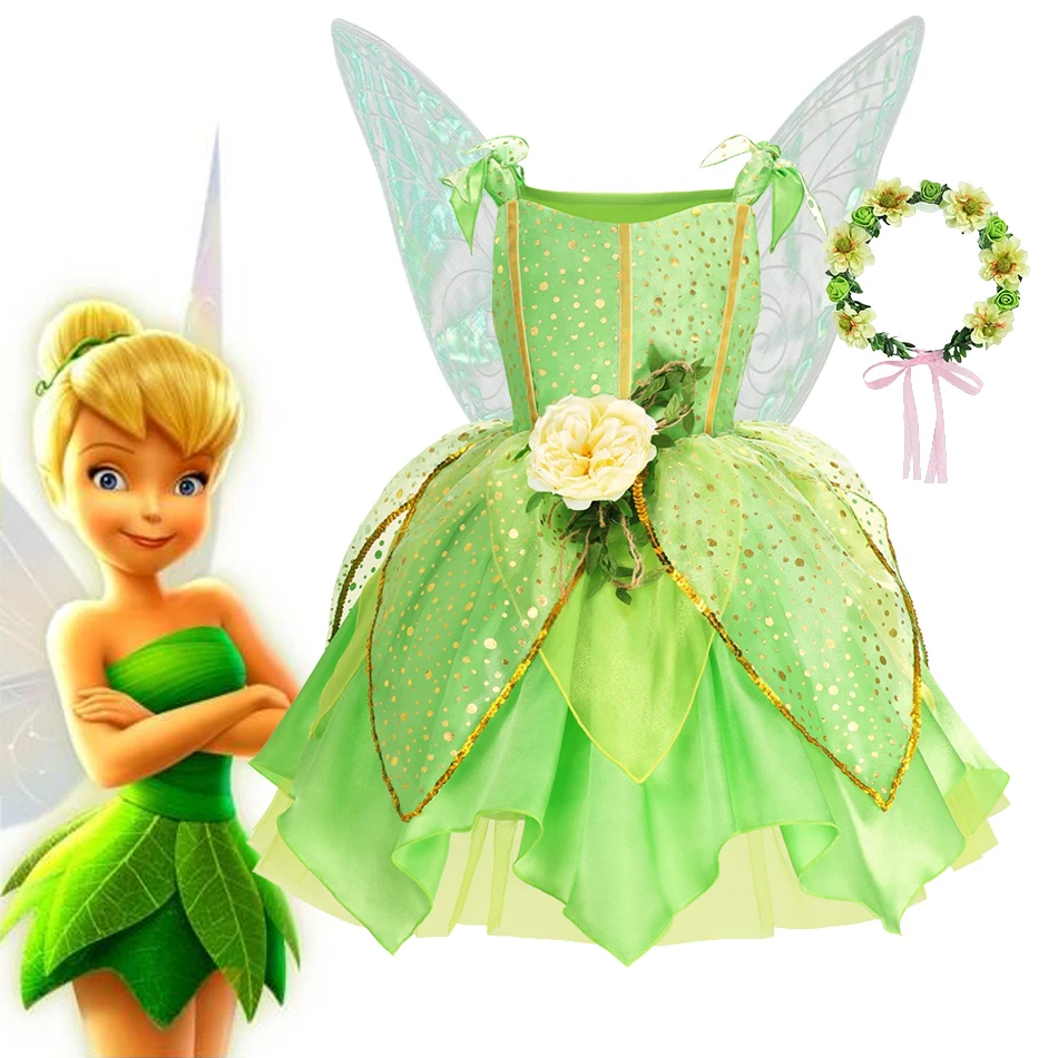 Disney Tinker Bell Fairy Tiana Costume For Girl 2024 Photo Shoot Children Clothing Princess Elf Birthday Ball Gown Dress Wing