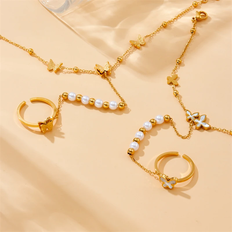 DIEYURO 316L Stainless Steel White Shell Solid Butterfly Finger Ring Chain Bracelet For Women New Fashion Jewelry Party Gifts image 4