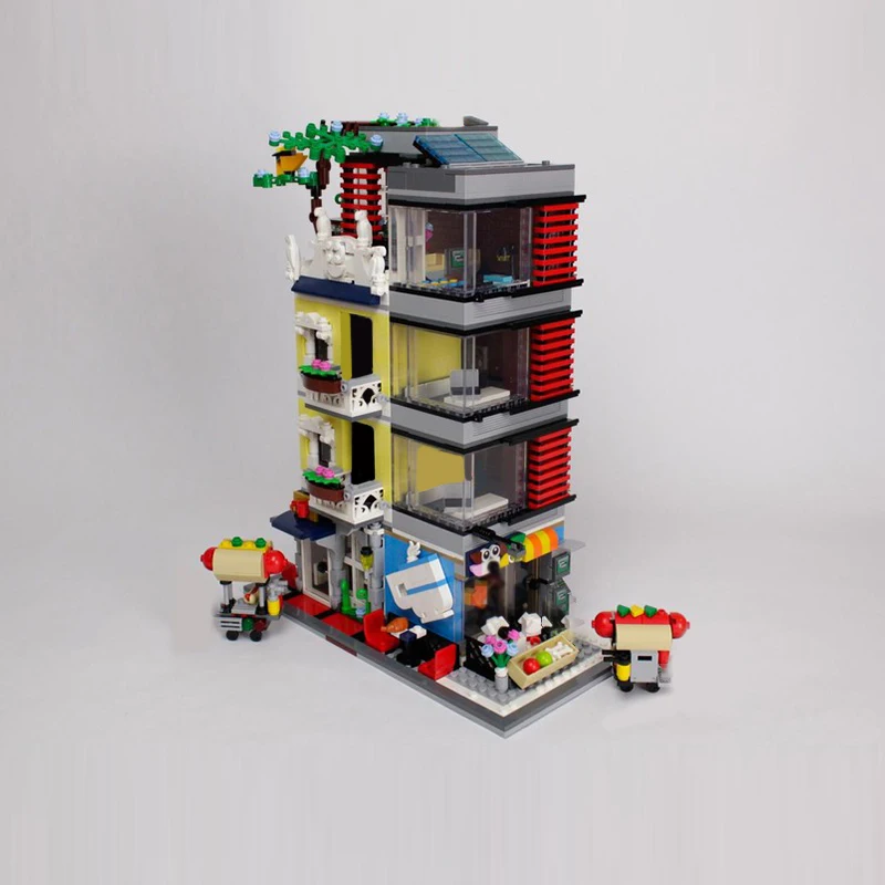 Cidade rua vista modelo moc tijolos de construção pet shop e café tecnologia modular presentes feriado montar crianças brinquedos terno