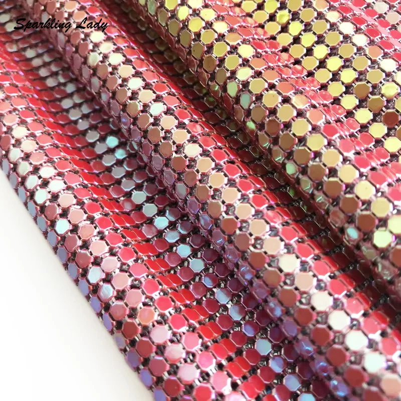 Fashion Metal Mesh Chainmail Fabric Shimmer Iridescent Red Aluminum Sequin Fabric Metallic Cloth for DIY Earring Scarf