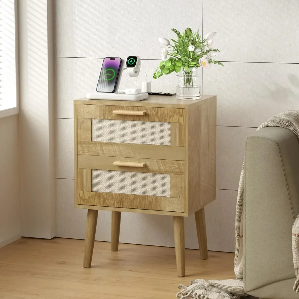 

Nightstand with Charging Station, Solid Wood Legs, Bedside Table with USB Ports & Outlets,End Table for Bedroom,Living Room