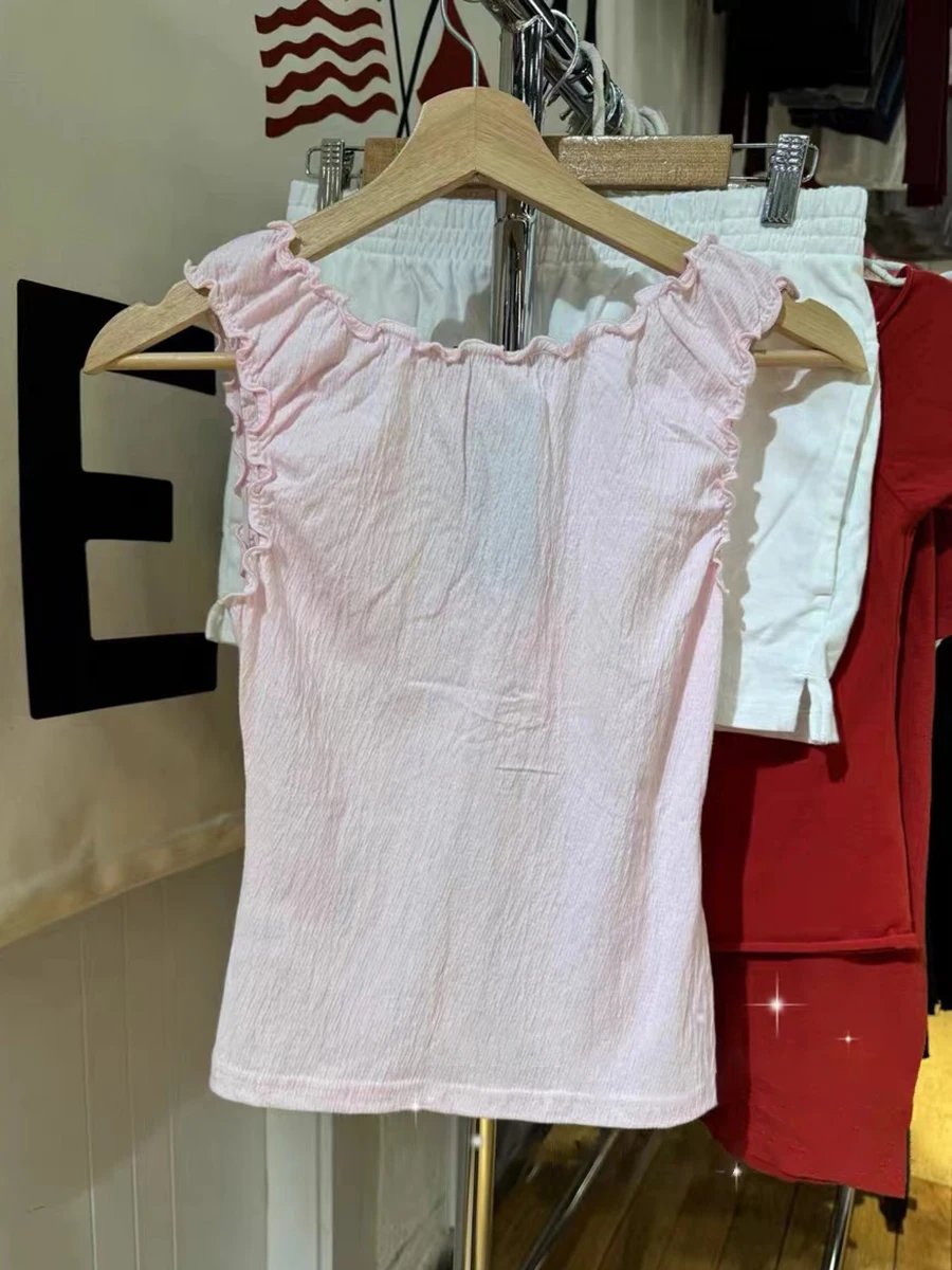 Camisetas sin mangas ajustadas con lazo rosa para mujer, Tops sexys de algodón con cuello en V, camisola sin mangas informal dulce, Top corto liso, chalecos Y2k