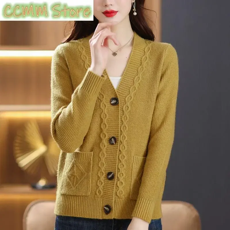 

Fashion Vintage Women Thicken Cardigan Sweaters Spring Autumn V-Neck Korean Solid All-match Casual Knitted Coats Jumpers