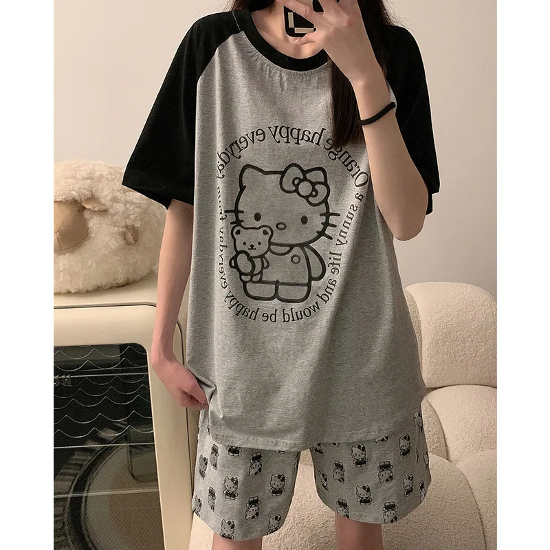 Hello Kitty Short Pajamas Set Sanrio Anime Cartoon Kawaii Cinnamoroll Print Girls Short-Sleeved Shorts Loose Cute Home Clothes