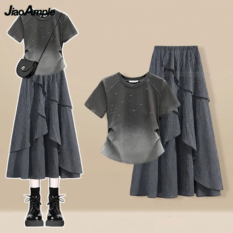 

Women's Summer New Fashion Short Sleeved T-shirt+Retro Midi Skirt Two-piece Suit 2025 Korean Elegant Top Dress Matching Set
