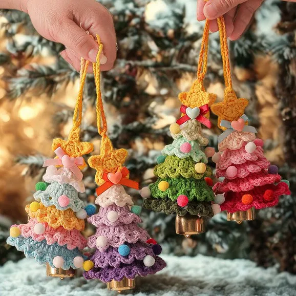 Pendentif de Noël en crochet fait main, fil à tricoter, étoiles, clochettes, sapins de Noël, sacs de voiture, décorations, ornements de Noël