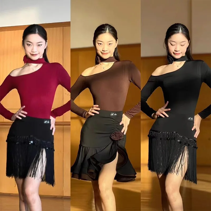 New Oblique Shoulder Latin Dance Tops Long Sleeves Bodysuit Cha Cha Rumba Samba Dance Practice Clothing Adult Dancewear DNV19744