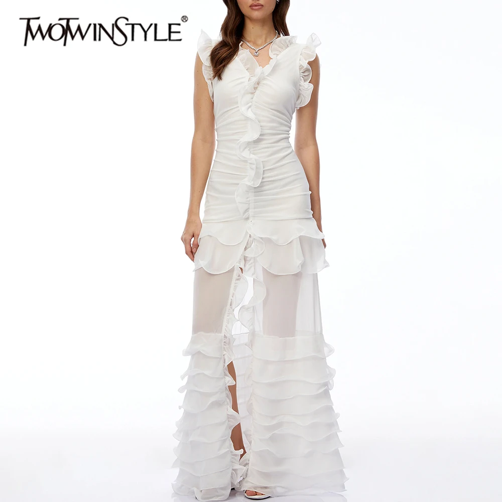 TWOTWINSTYLE Solid Spliced Ruffle Slimming Maxi Dress for Women V Neck Sleeveless Patchwork Zipper Sheer Dresses Female Fashion