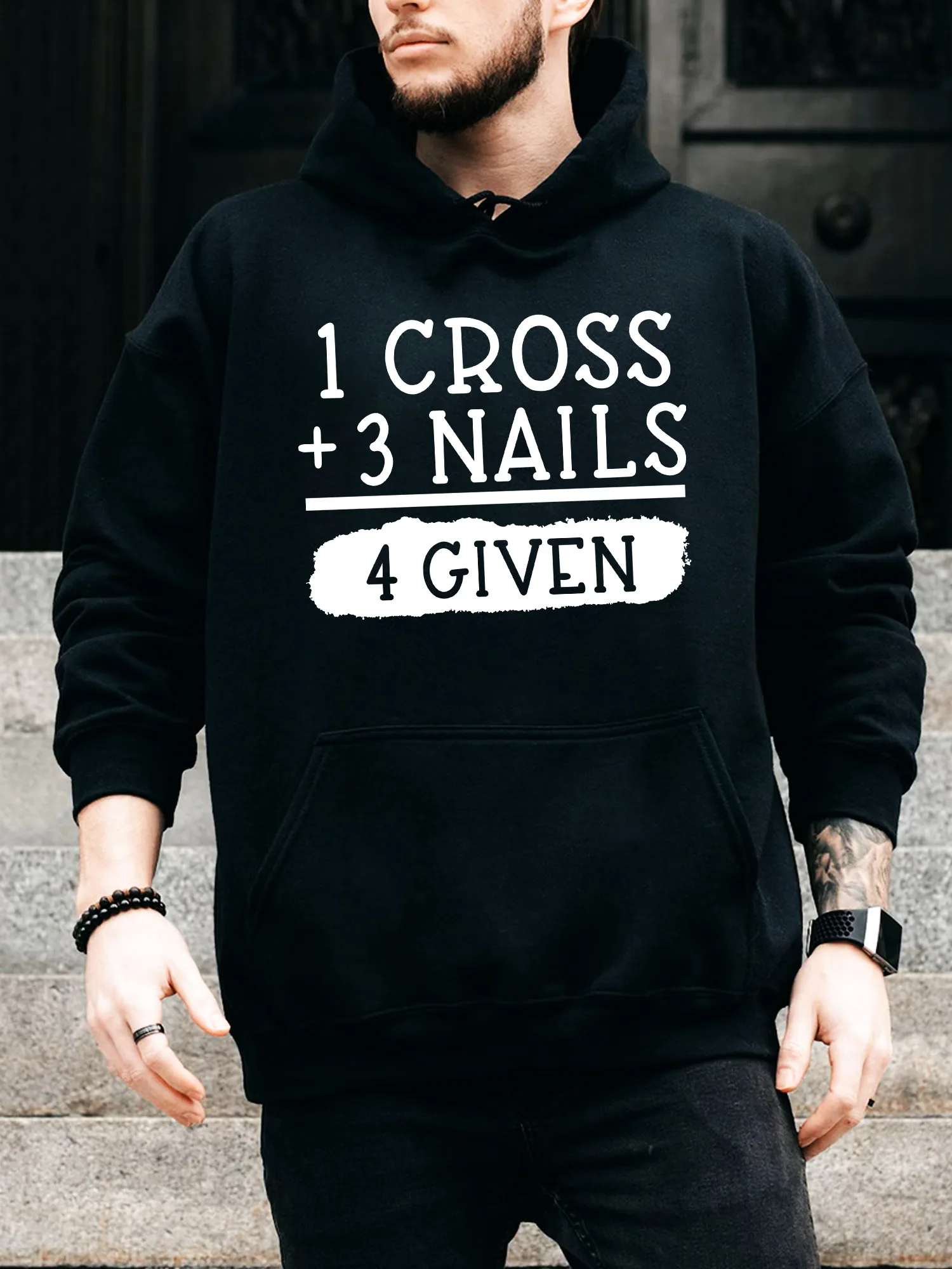سترة بغطاء للرأس برباط للرجال من One Cross Three Nails - بلوفر أسود مريح كاجوال، سترة بغطاء للرأس للخريف والشتاء