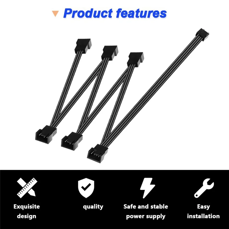 LLCS-4 Pin CPU PWM Fan Cable 1 To 3 Way Splitter Black Sleeved Extension Cable Connector 3/4PWM Fan Extension Cables
