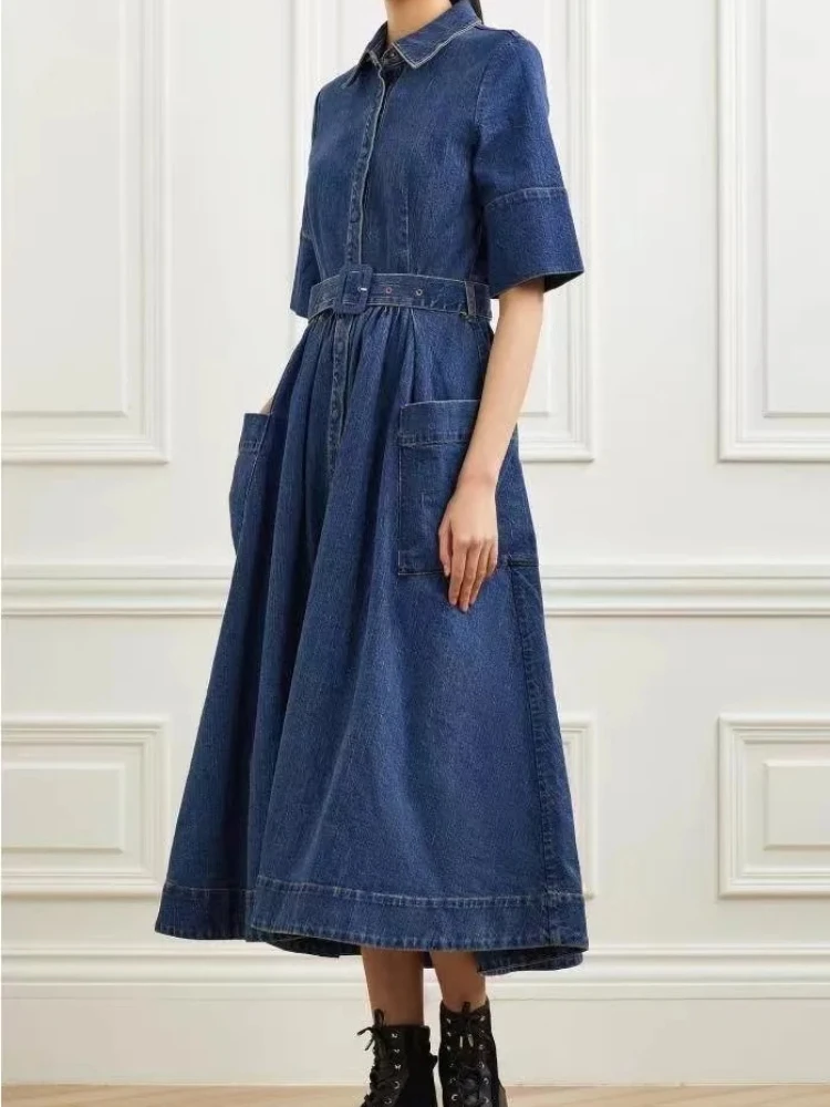 2024Summer Denim Women Skirt Classic Turn Collar Self-Belt Vintage Mini Dress Designer Dress French S Brand Fashion Clothing