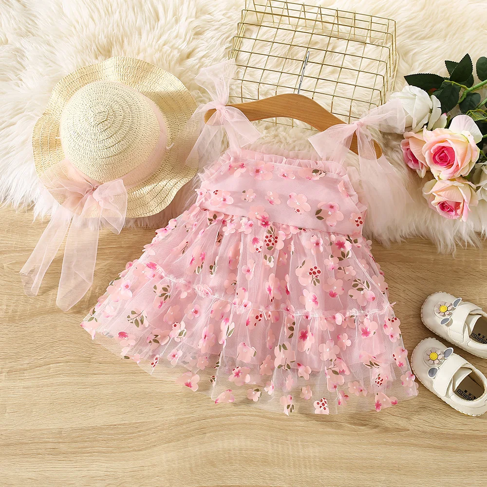 (0-3 Years) Summer New Baby Girls Dress Flower Embellished Mesh Ribbon Bow Dream Dress + Hat Sweet Princess Dress