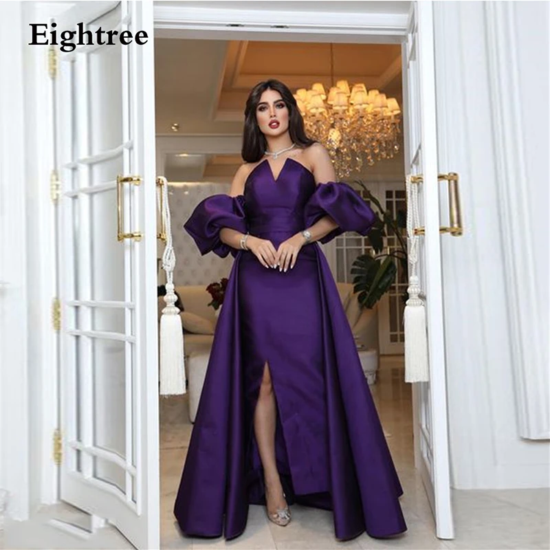 

Eightree Purple Elegant Evening Dresse Saudi Arabia Puff Sleeves High Slit Mermaid Long Party Dress 2022 Robe De Soirée Femme