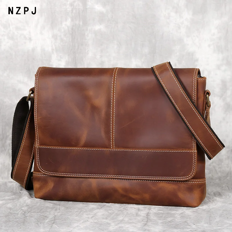 NZPJ New Leather Men's Shoulder Bag Retro Top Layer Cowhide A4 File Men's Bag Brown Handmade Crazy Horse Leather Messenger Bag