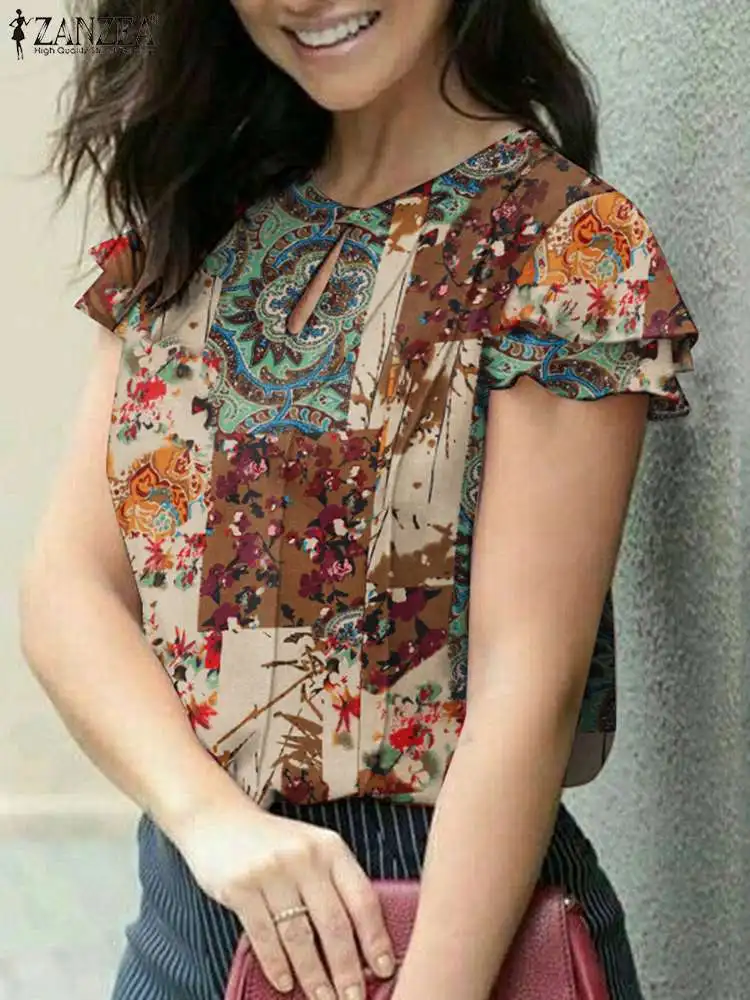 Vintage Summer Floral Printed Blouse Women Short Sleeve Tops ZANZEA Bohemian Casual Work OL Shirt Party Holiday Blusas Chemise