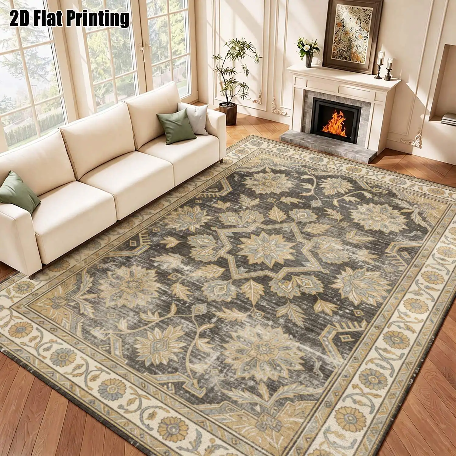 1Pc 2D Printed Carpet with Warm Brown-Grey Retro Floral Pattern, Multi-Size Machine-Washable Rug for Home Decor, Multiple Scenes