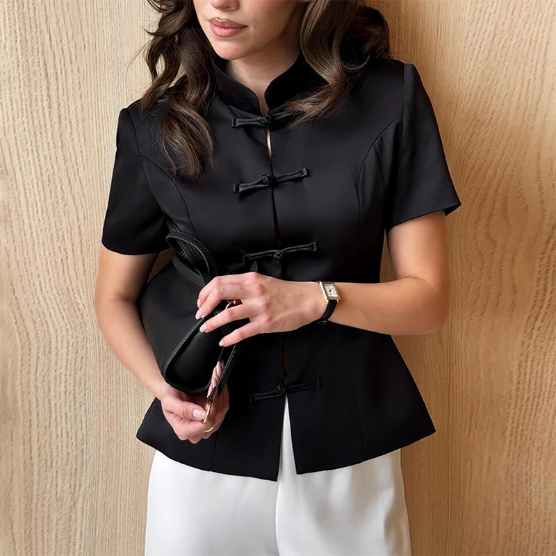 

Trendix Button Cardigan Tops For Women Summer Solid Slim Short Sleeve Blouse Street Casual Party Vintage Office Commuter Top