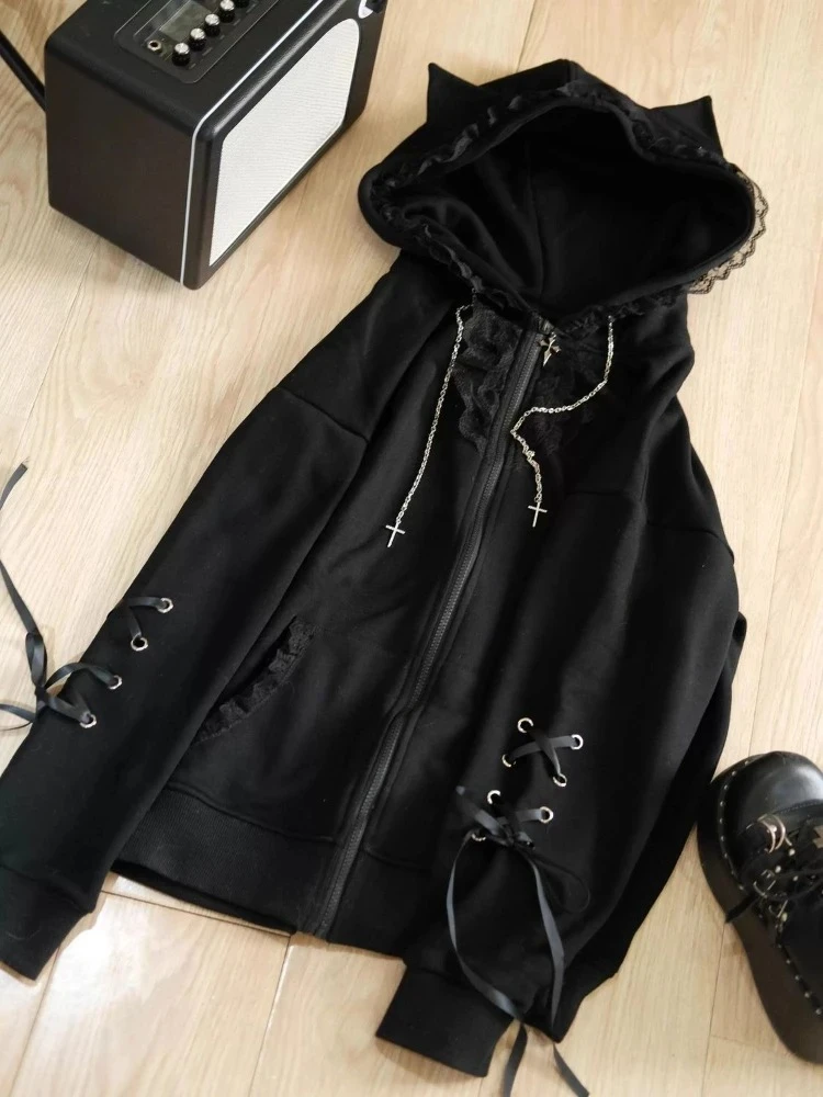 2000s جميل Harajuku عادية فضفاض كم طويل زمم هوديي المرأة Y2k لون نقي مقنعين البلوز ثقافة فرعية معطف الشتاء شيك